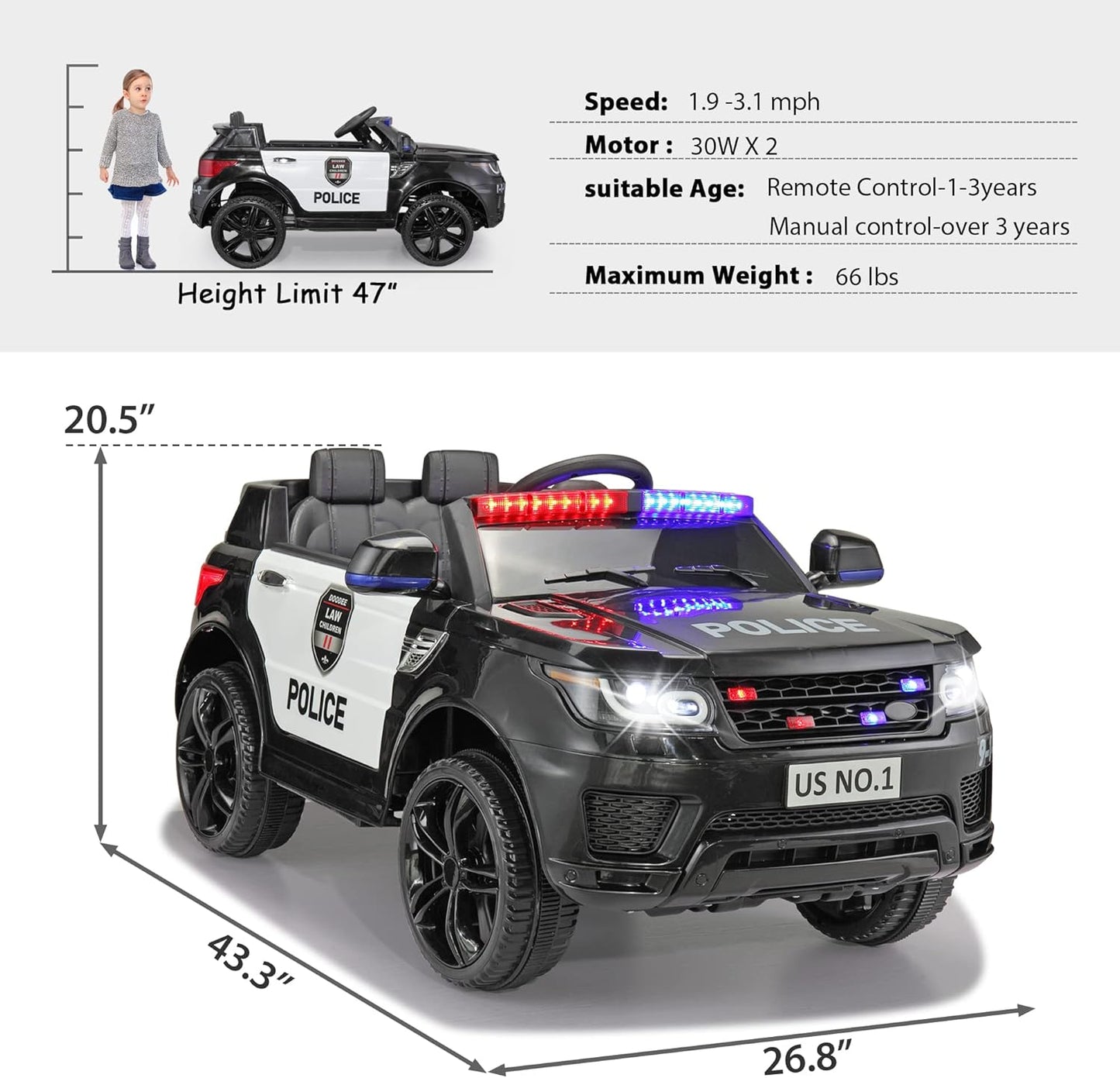 Electric Police Car Ride for Kids to Drive Battery Powered